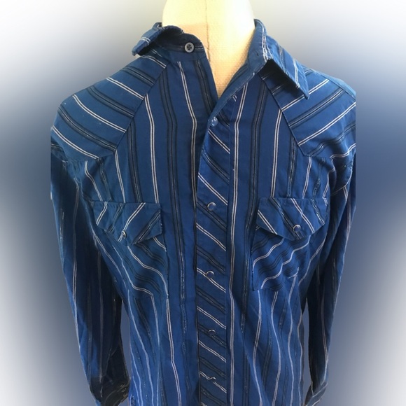 Vintage Wrangler Western Dress Blue Pearl Snaps Long Sleeve Shirt - Picture 2 of 7